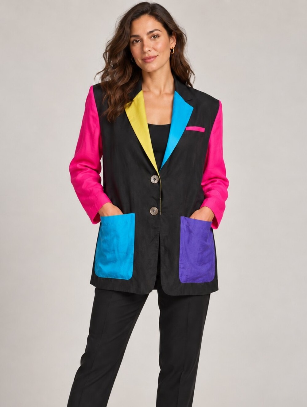 Vintage 90s Express 100% Silk Colorblock Blazer Jacket Size Small